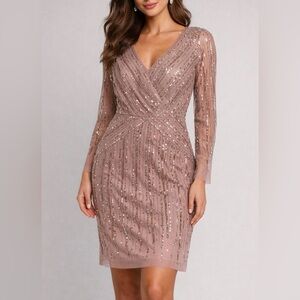 NWT Adrianna Papell Champagne/Gold Metallic Sequin Mesh Cocktsil Dress size 8